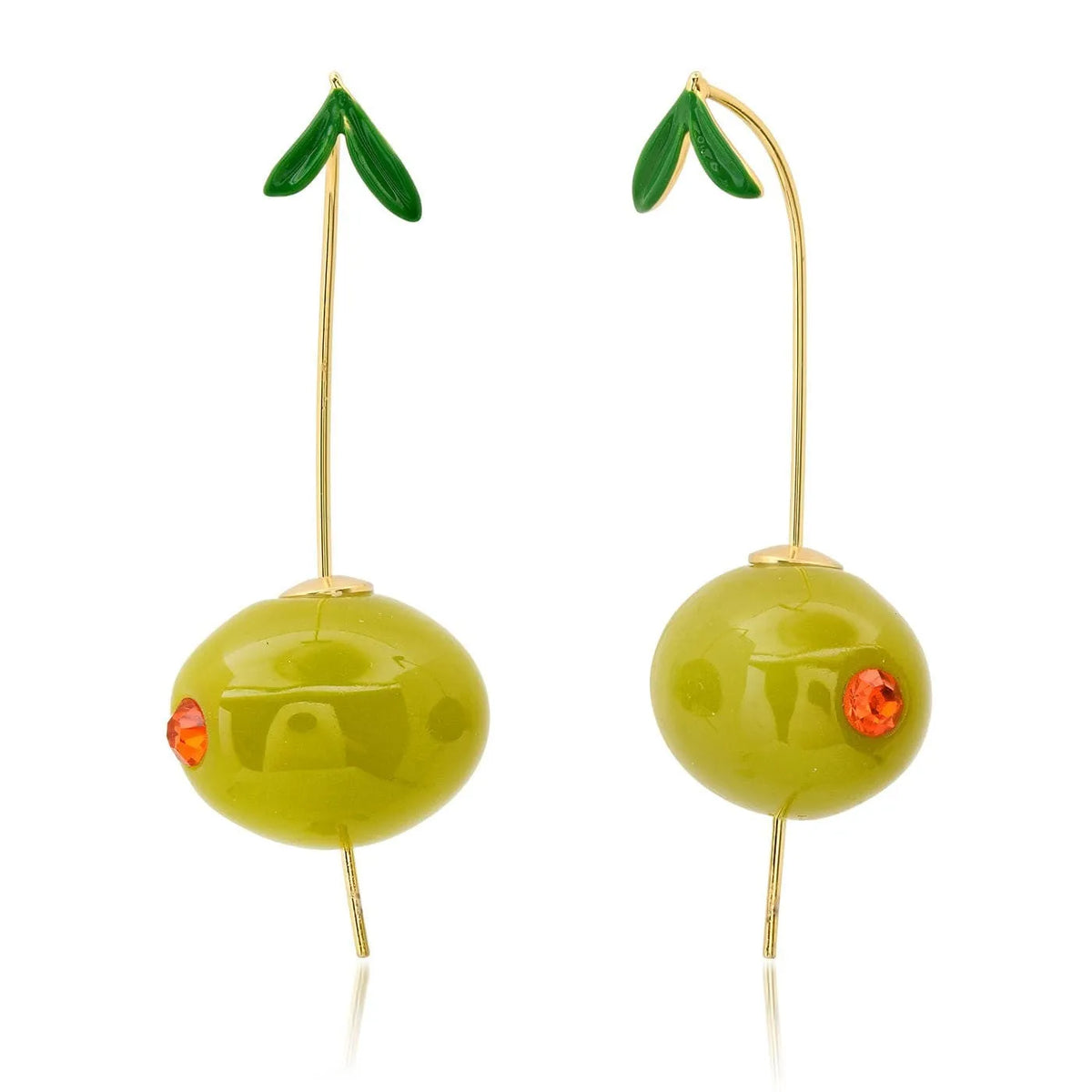 Gold plated copper earrings with fruit and vegetable designs including carrot, orange and lemon