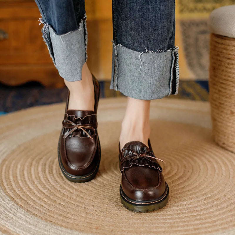 British style women's leather shoes with round toe and chunky heel in black or brown