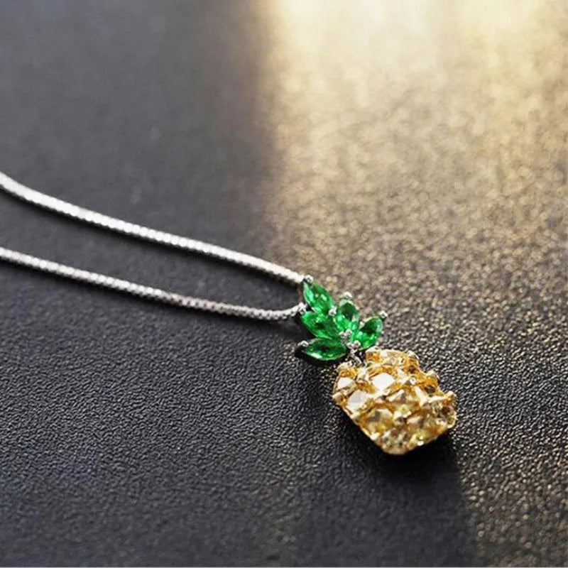 Korean fashion silver plated necklace with pineapple diamond pendant and geometric charm design on adjustable chain