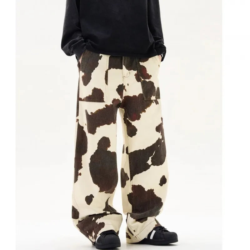 Men's straight-leg trousers with American retro cows pattern in 7698 cow colour