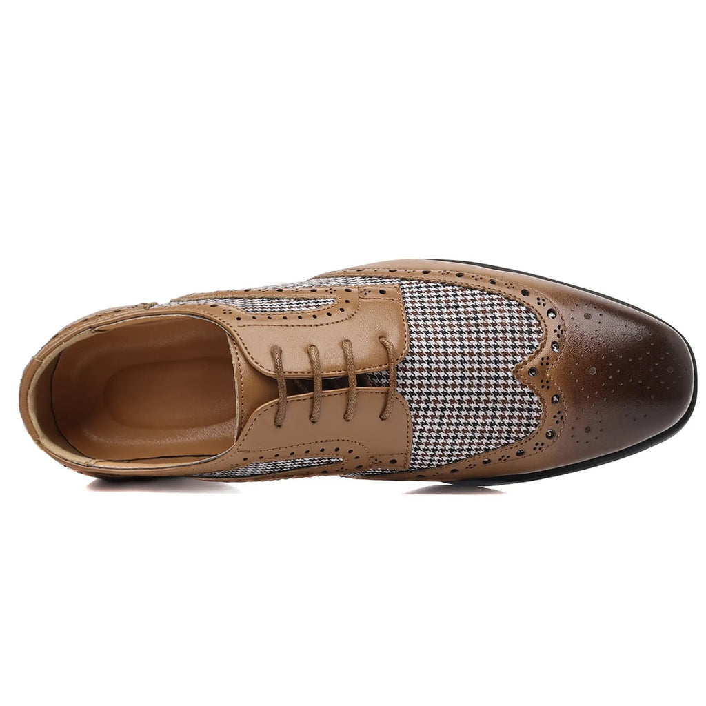 Men's casual leather shoes with black and white houndstooth pattern, square toe, and lace-up front.