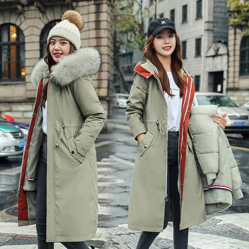 Women's long padded polyester fleece trench coat in bean green with a 100cm length