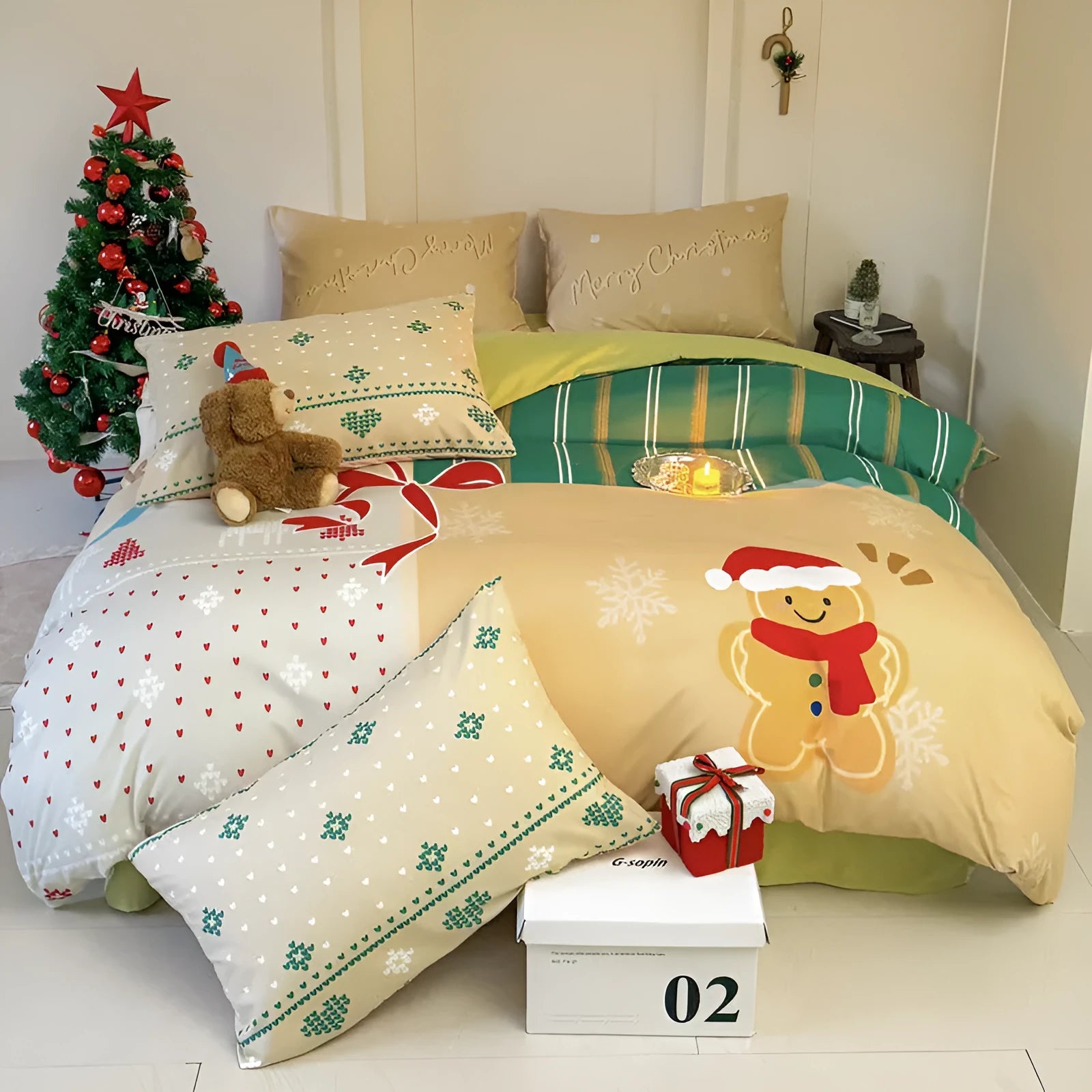 Christmas cartoon print bedding set with gingerbread man design on washed cotton, showing duvet cover and pillowcases.