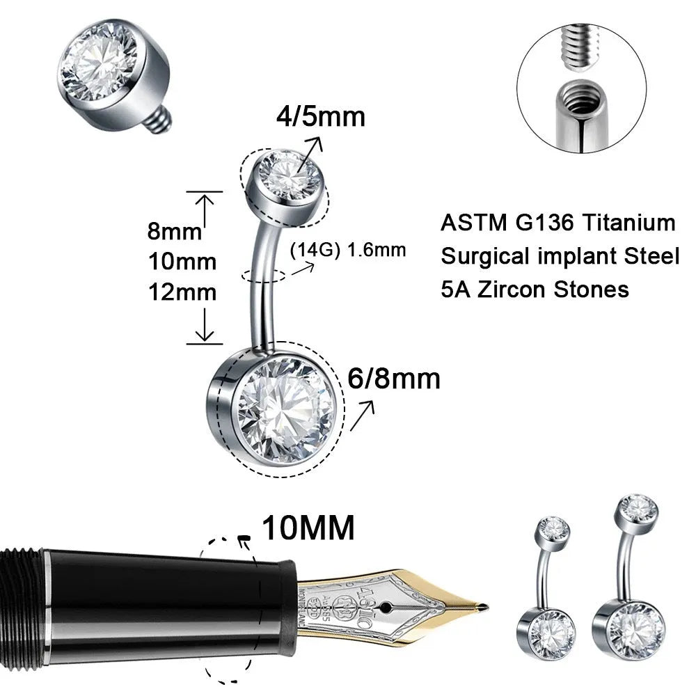 Titanium double-headed zircon navel stud in geometric shape on white background.