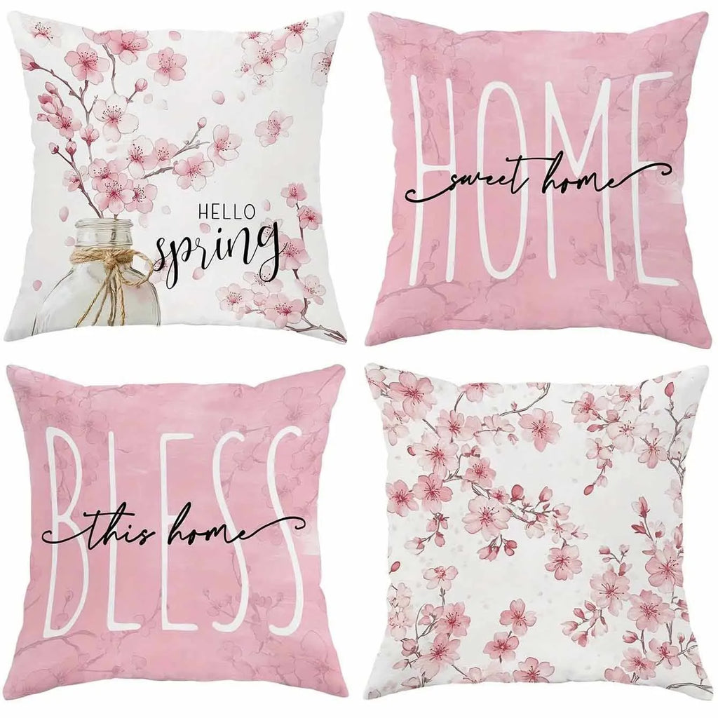 Square short velvet cushion cover with cherry blossom and letter pattern in spring colours