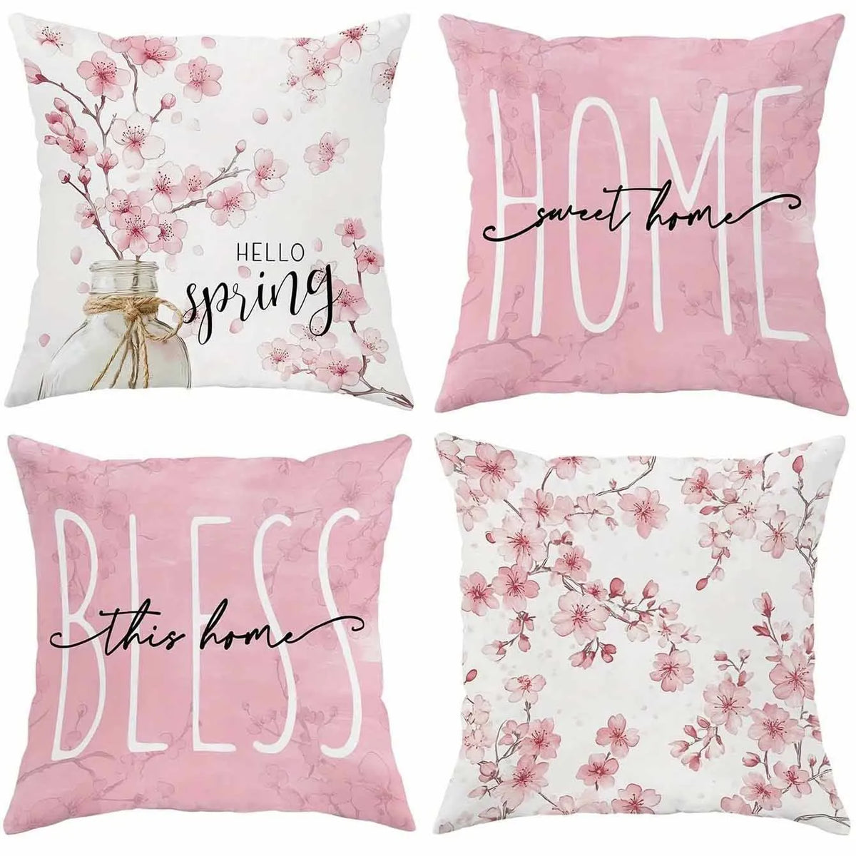 Square short velvet cushion cover with cherry blossom and letter pattern in spring colours