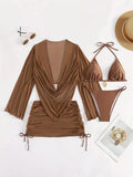 Women's dark brown lace-up backless bikini swimsuit set with spandex lining for swimming