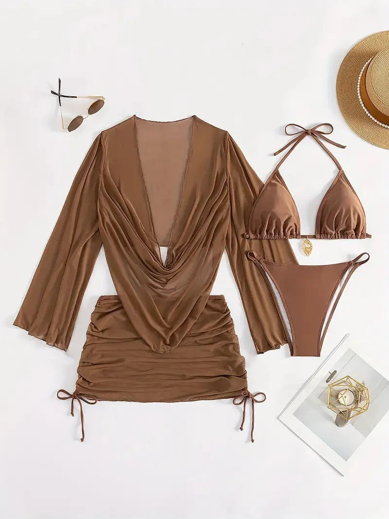 Women's dark brown lace-up backless bikini swimsuit set with spandex lining for swimming