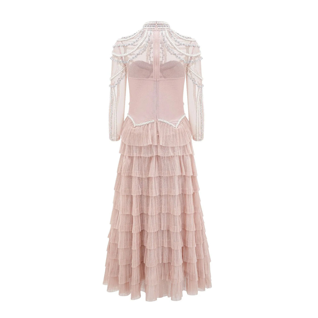 Women's long sleeve beaded dress in polyester with three-dimensional decoration and mid waist design