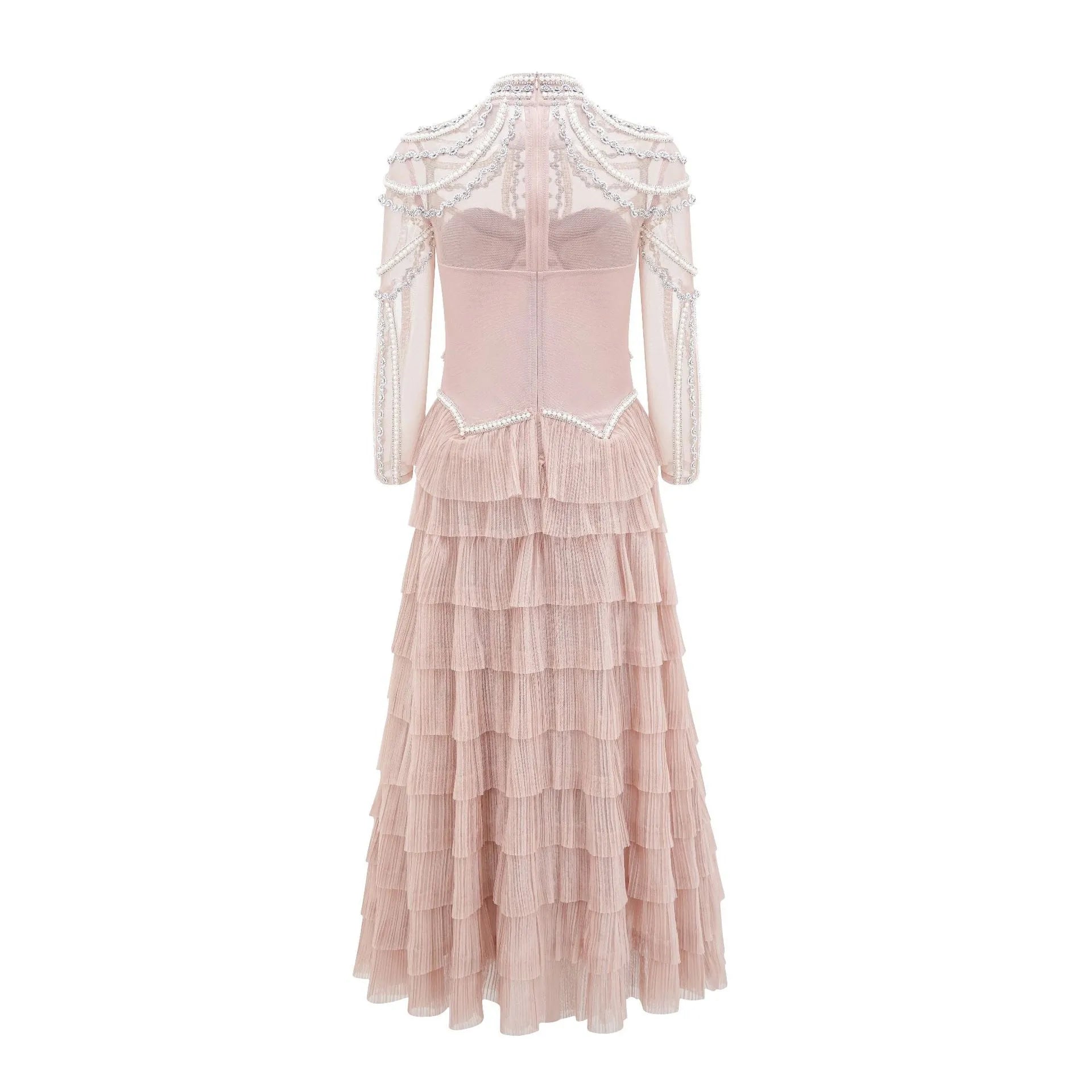 Women's long sleeve beaded dress in polyester with three-dimensional decoration and mid waist design