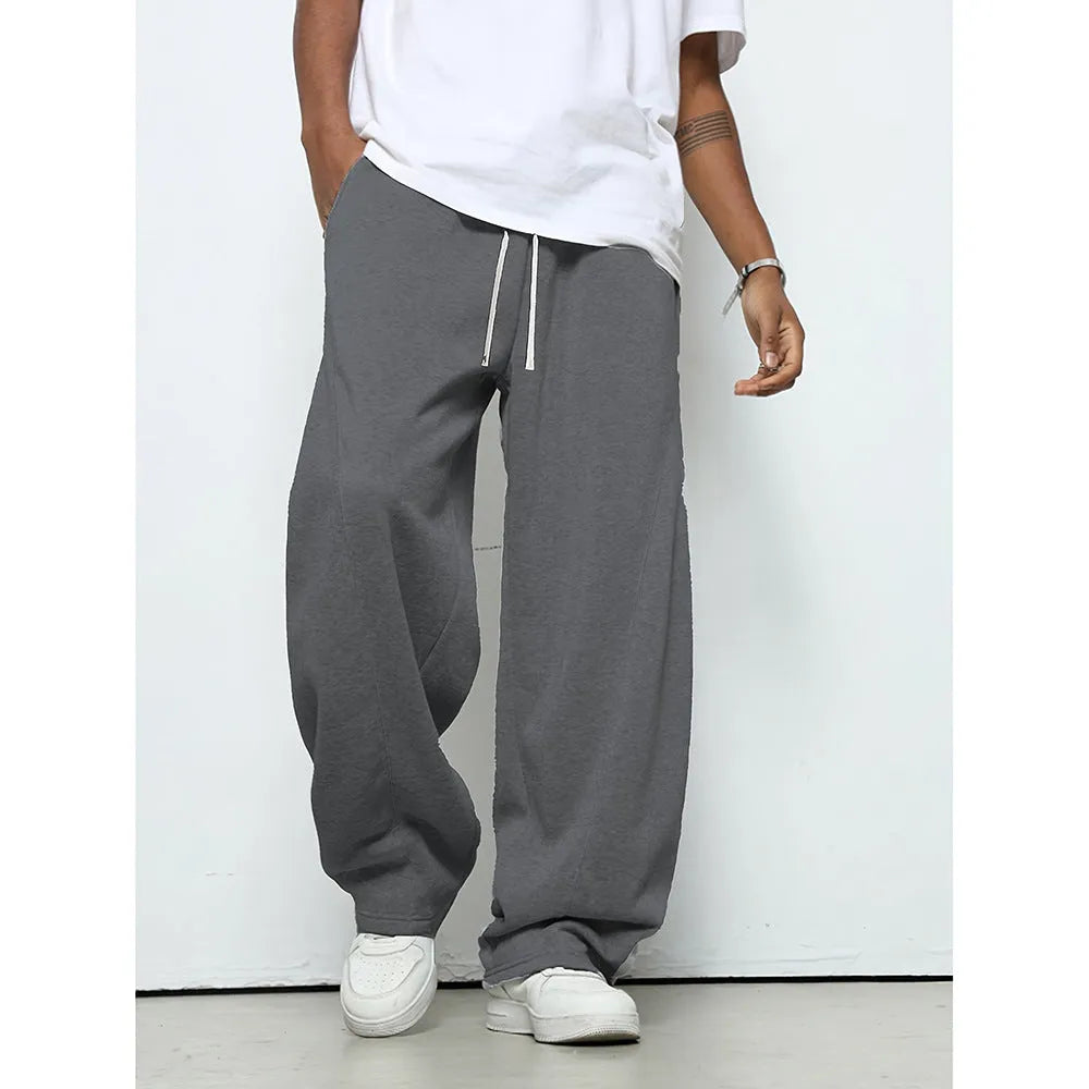 Men's straight-leg casual trousers in grey with a drawstring waistband