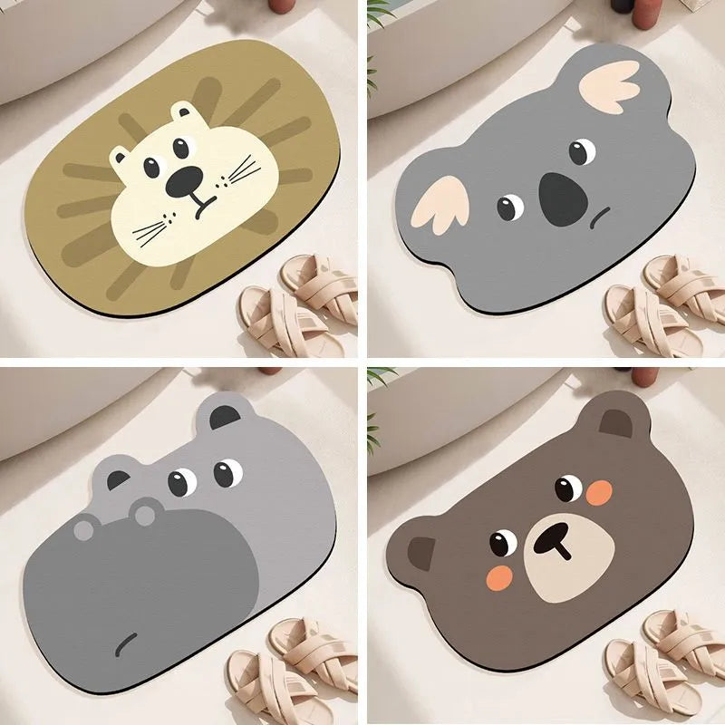 Cartoon animal diatomaceous earth bathroom mat in alien shape on a bathroom floor.