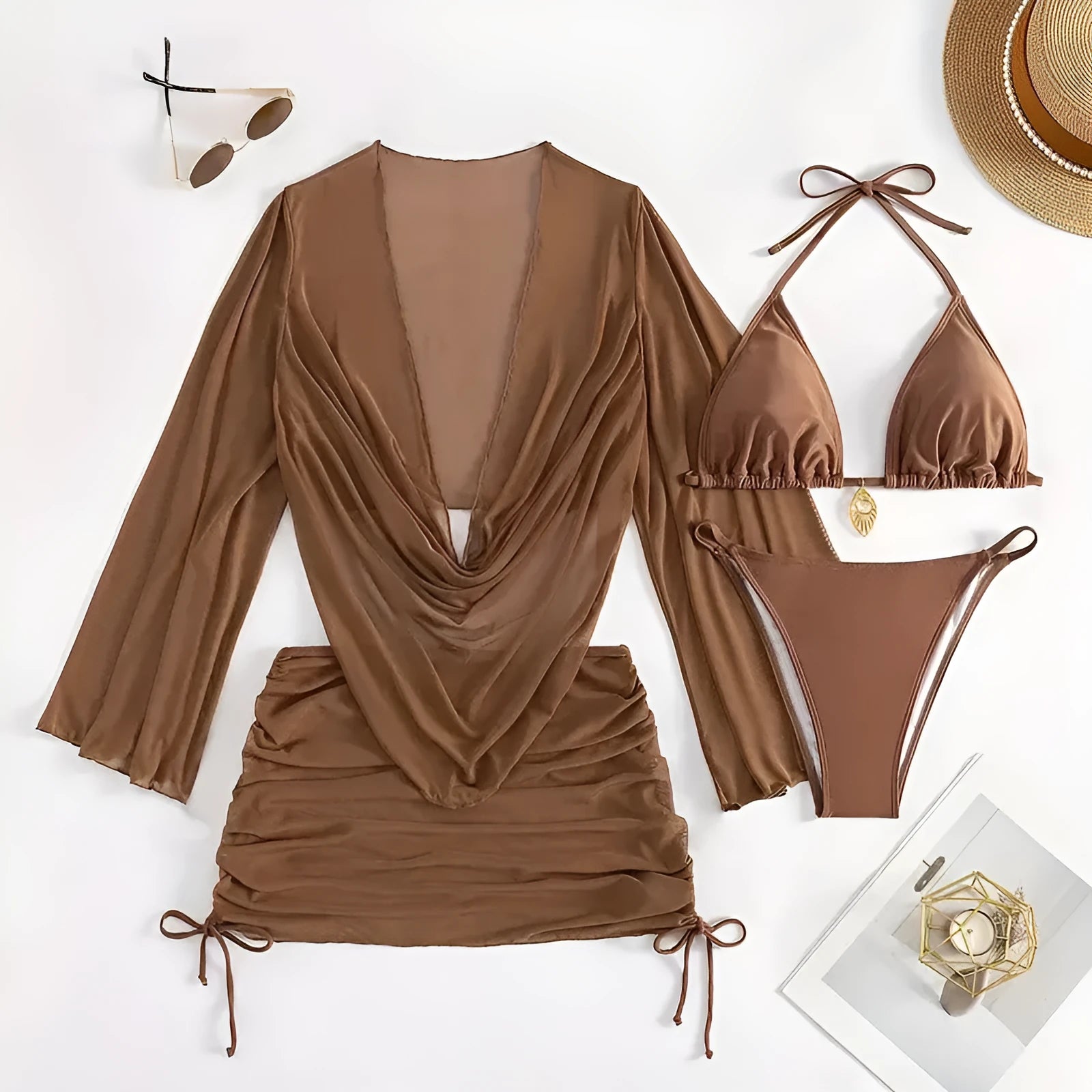 Women's dark brown lace-up backless bikini swimsuit set with spandex lining for swimming
