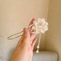 Purple and white retro peony flower U-shaped hairpin with tassel detail
