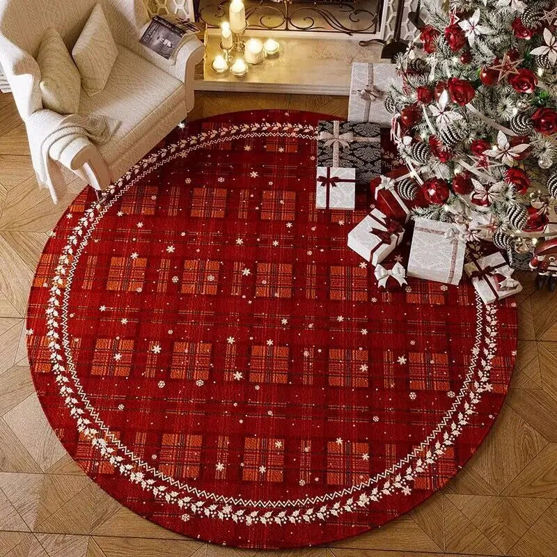 Round red Christmas-themed polyester floor mat with non-slip absorbent base on a living room floor.