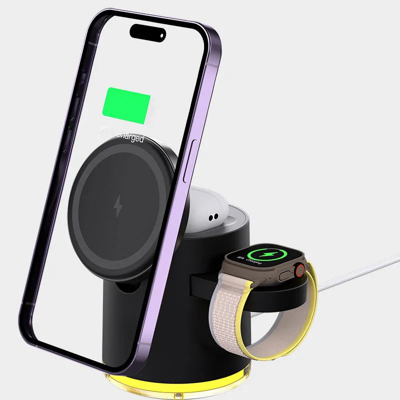 C16 three-in-one magnetic folding wireless charger in Black and Ivory White, charging a phone, watch, and earphones.