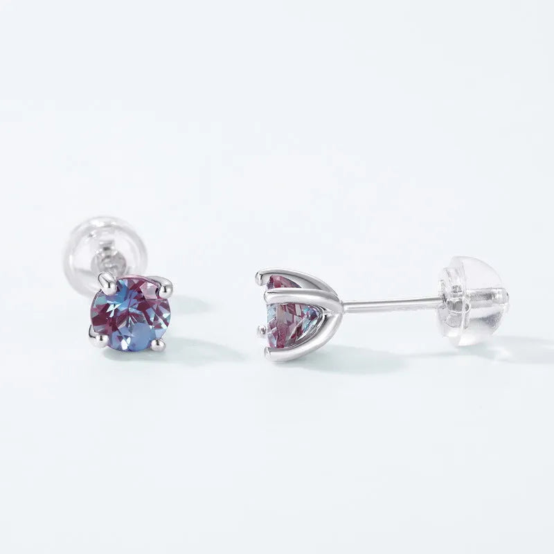Women's silver ear studs with cultivated Alexandrite stone in geometric round design