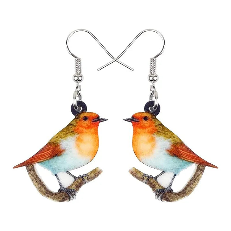 Blue titmouse design acrylic pendant earrings with geometric animal shape and snake decorative elements