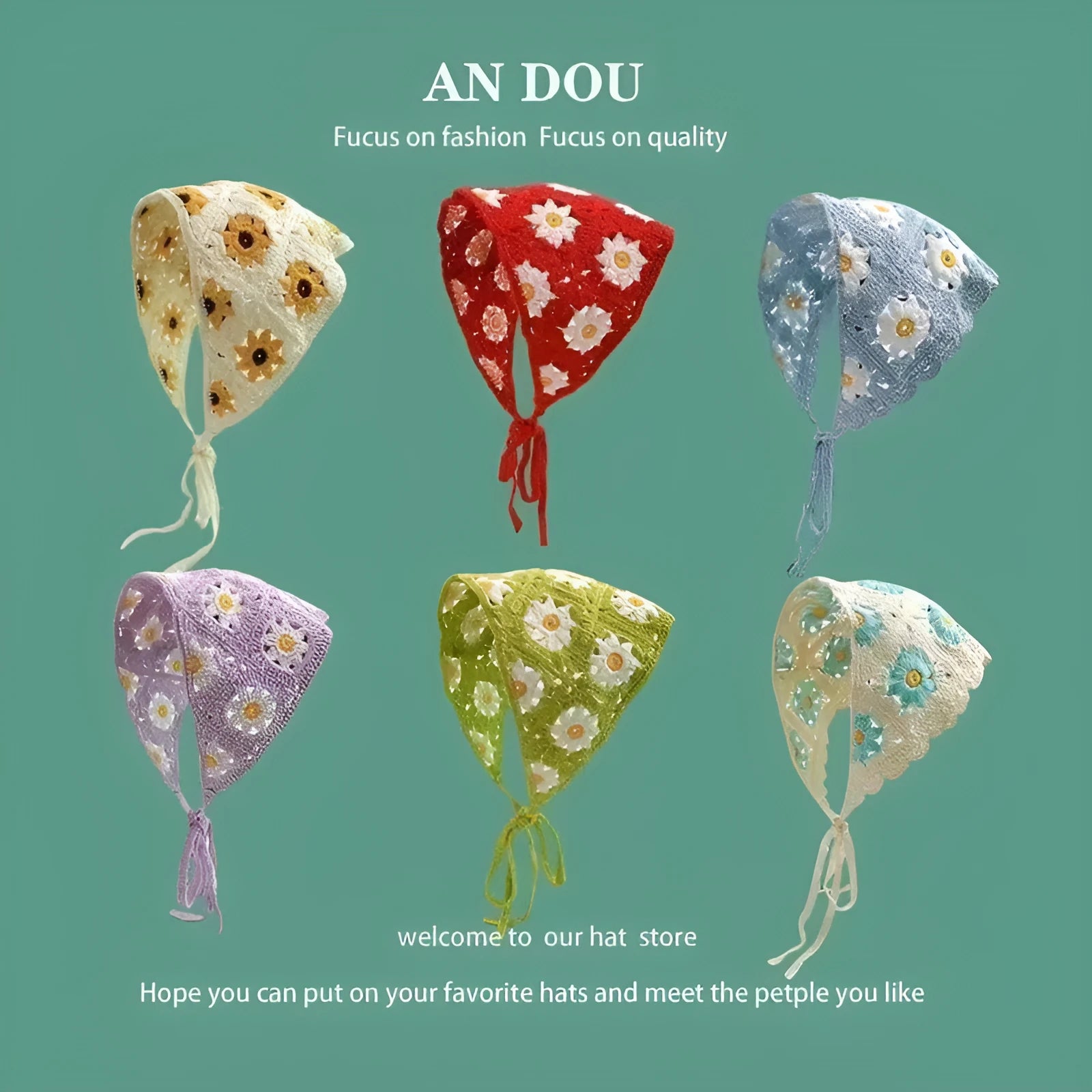 Cotton triangular headscarf with floral pattern options including beige blue little daisy design
