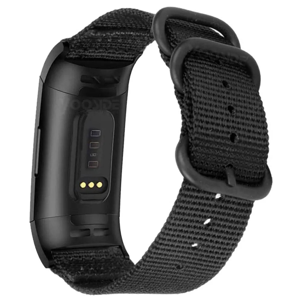 Fitbit Charge nylon replacement strap with three-ring buckle in army green colour.