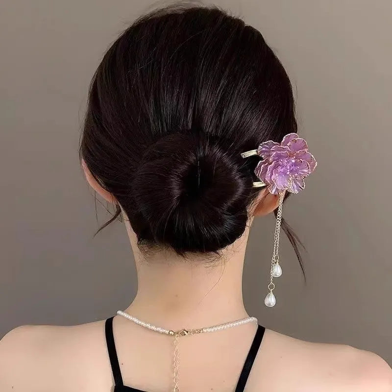 Purple and white retro peony flower U-shaped hairpin with tassel detail