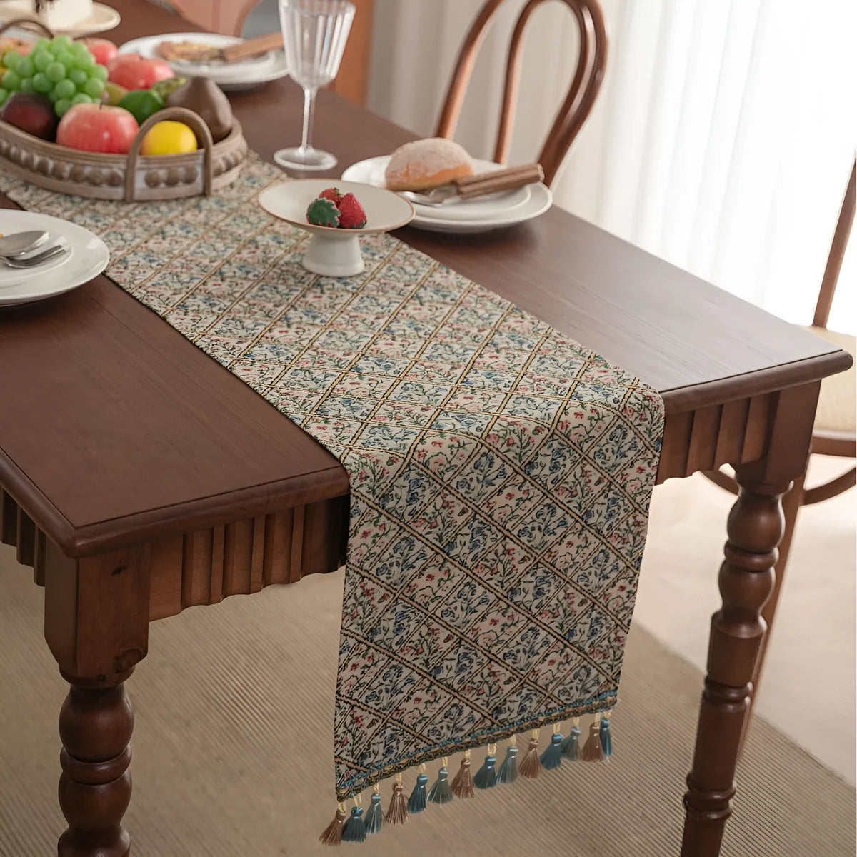 Nordic striped jacquard table runner with tassel trim in dark blue colour.