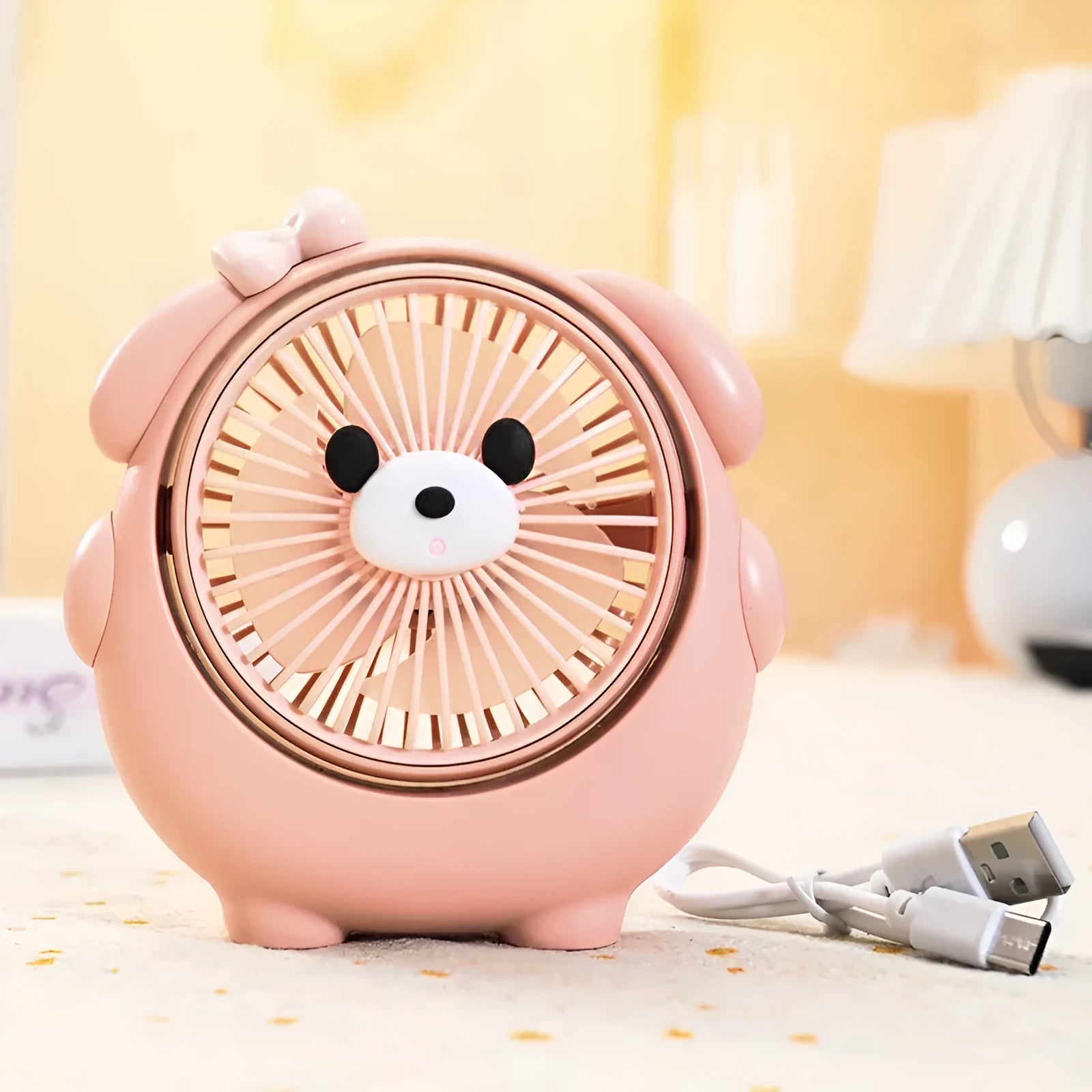 Desktop USB fan for dogs showing adjustable speed settings and colourful pet-themed designs