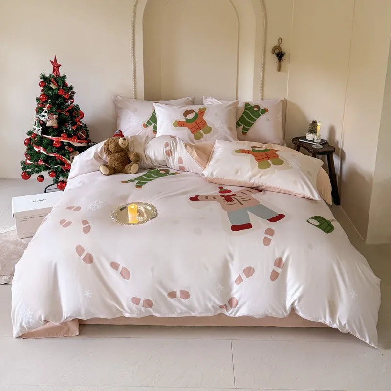 Christmas cartoon print bedding set with gingerbread man design on washed cotton, showing duvet cover and pillowcases.