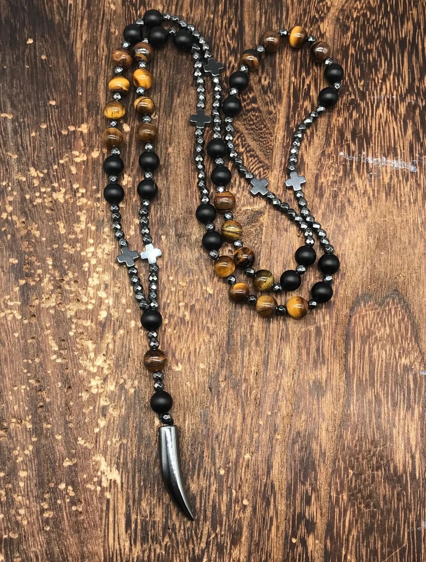 Men's stone cross pendant necklace on an 80cm ball bead chain