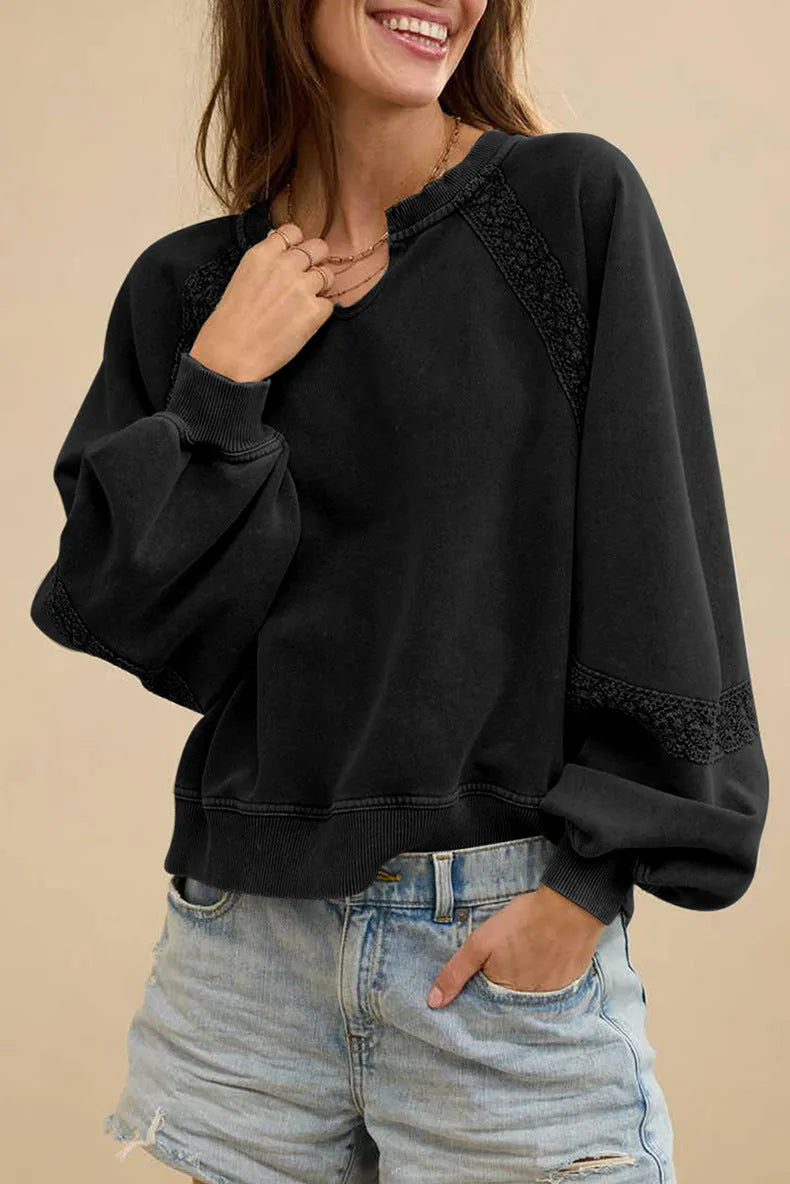 Solid colour women's long sleeve sweater with half-open collar and lace detail on sleeves