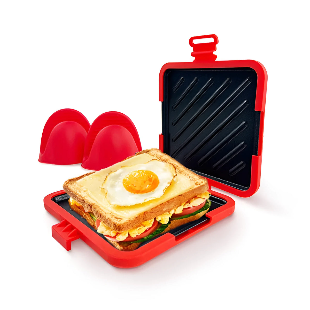 Silicone baking tray with anti-scald handbag handle and matching oven gloves in colour box