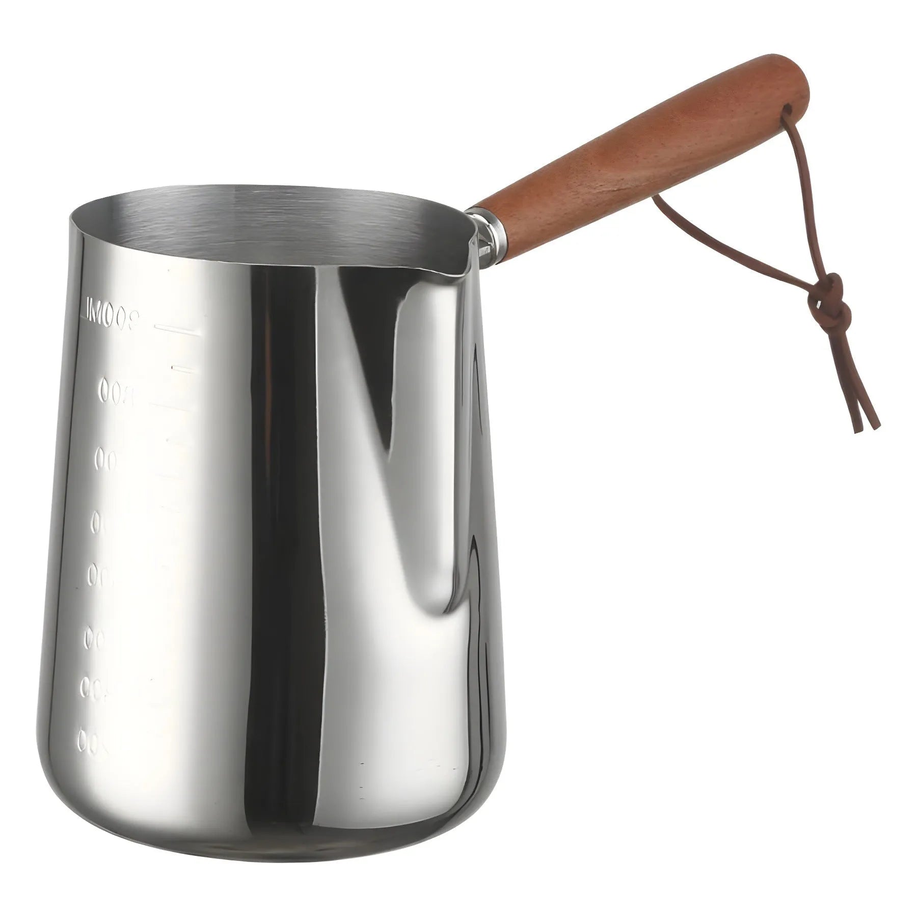 Stainless steel milk pouring cup with wooden handle and interior volume measurement scale.