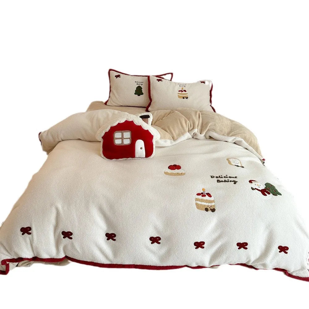 Winter Christmas cartoon bedding four-piece set with Xuefu Milk Pastry pattern on polyester fabric