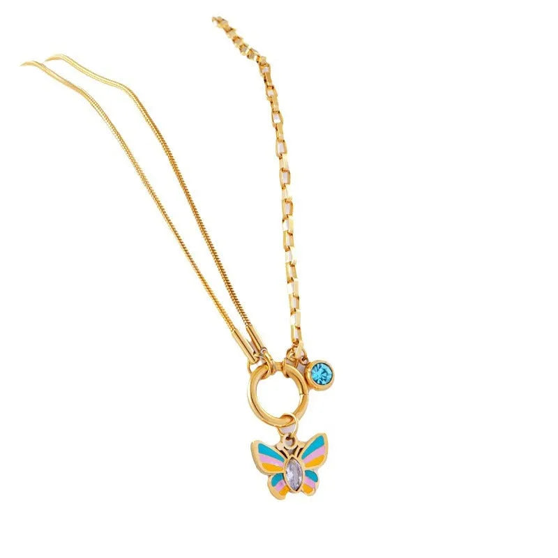Gold epoxy butterfly necklace and bracelet set with titanium steel snake bones chain