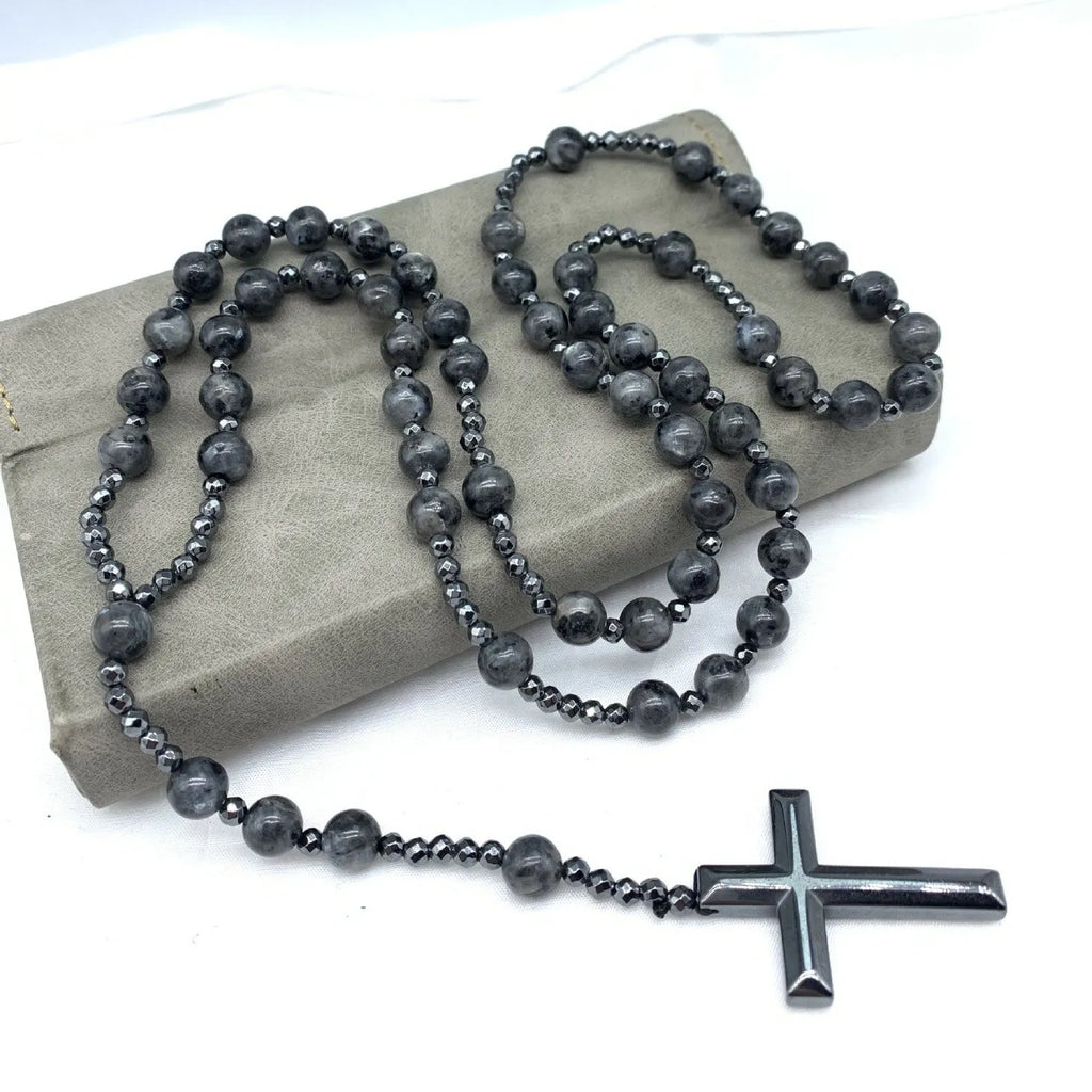 Men's stone cross pendant necklace on an 80cm ball bead chain