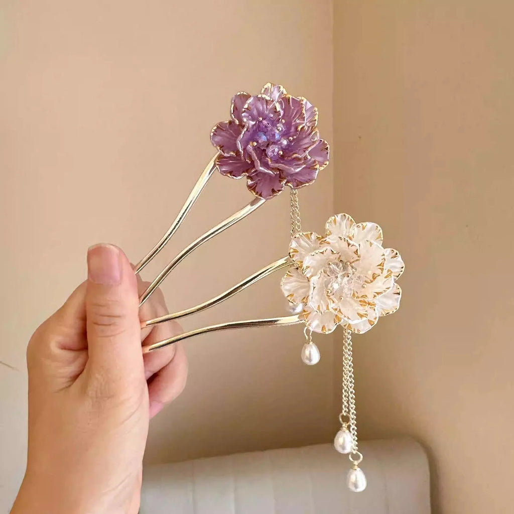 Purple and white retro peony flower U-shaped hairpin with tassel detail
