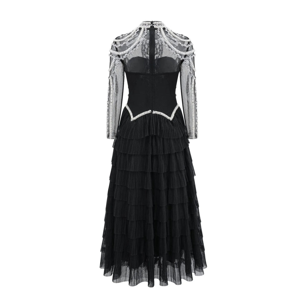 Women's long sleeve beaded dress in polyester with three-dimensional decoration and mid waist design
