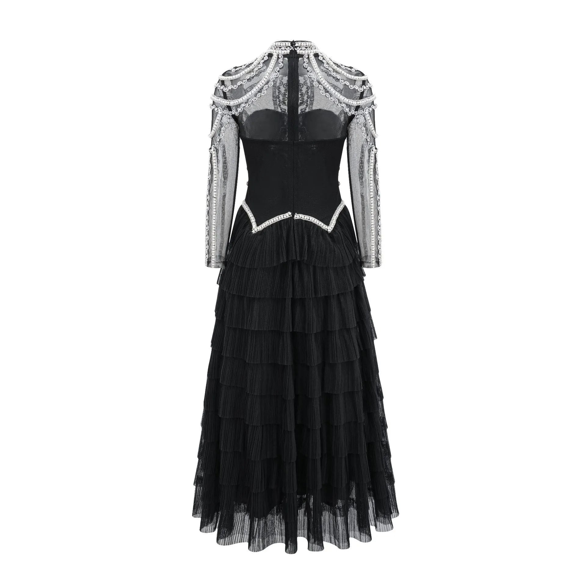 Women's long sleeve beaded dress in polyester with three-dimensional decoration and mid waist design