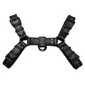 Black leather adjustable chest muscle bondage strap with metal buckle fastening