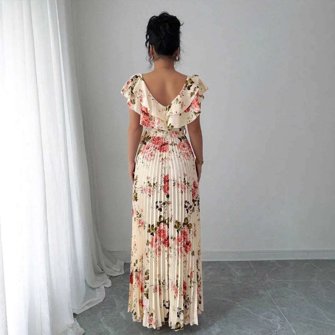 Apricot floral print dress with V-neck, ruffled short sleeves, and oversized swing skirt
