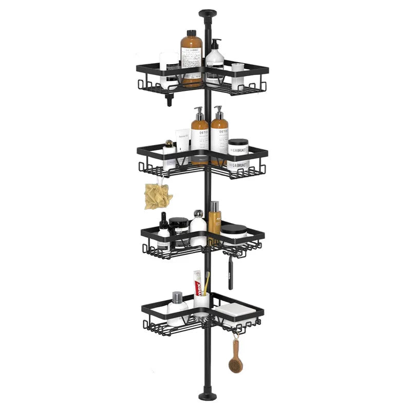 Modern hole-free retractable bathroom storage rack with four shelves made of stainless steel and iron.
