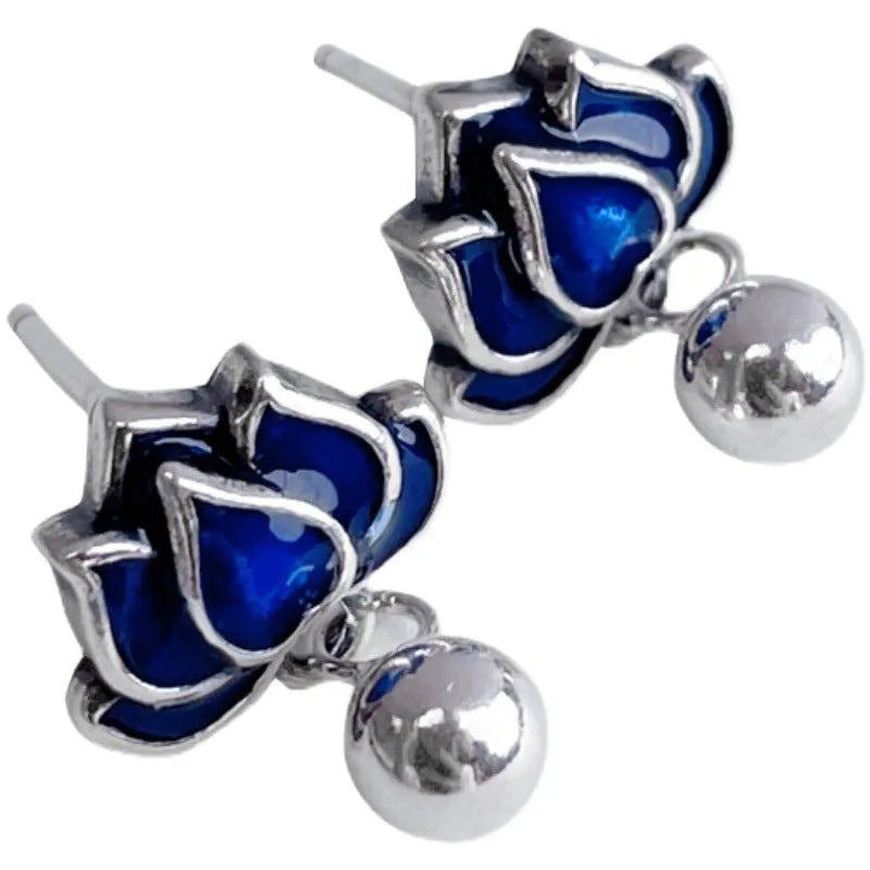 Blue Lotus artistic seedpod and tassel design silver tone alloy ear studs for women