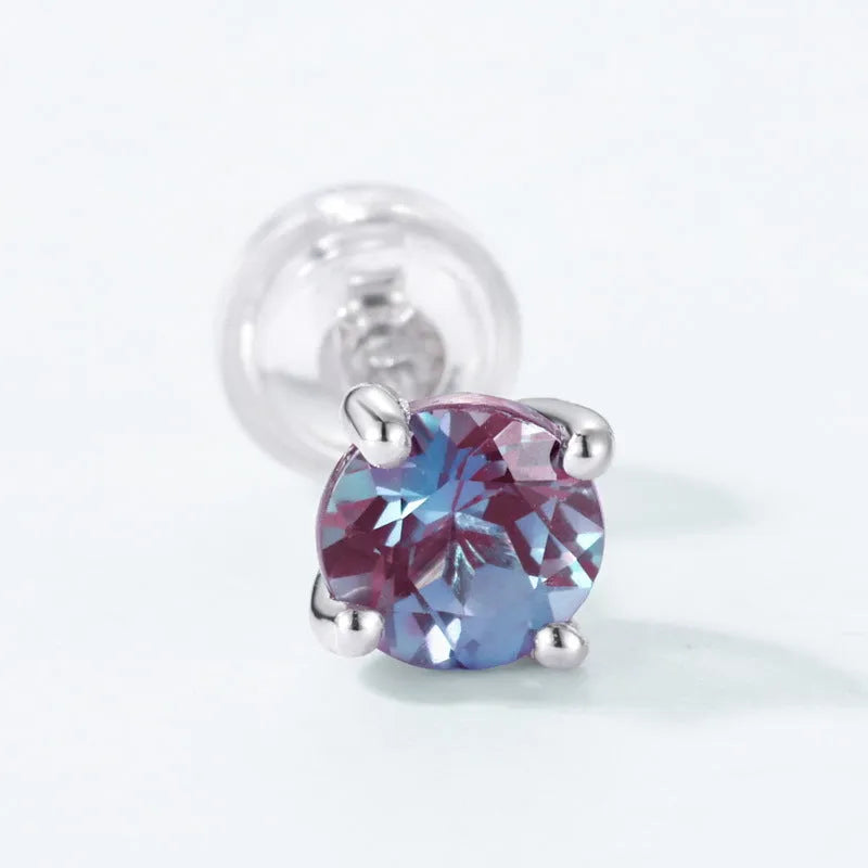 Women's silver ear studs with cultivated Alexandrite stone in geometric round design