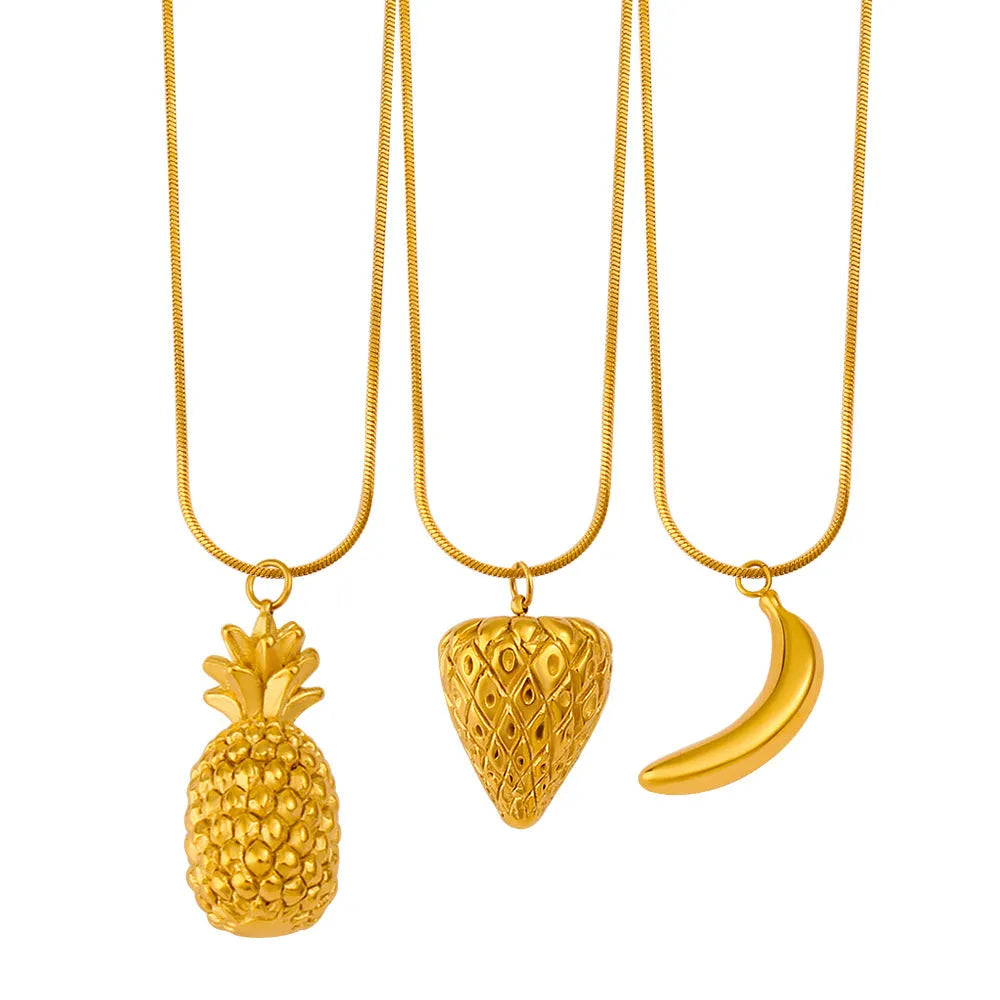 Stainless steel necklace with a fruit-shaped pendant, options include apple, grape, watermelon, pineapple, strawberry, banana.