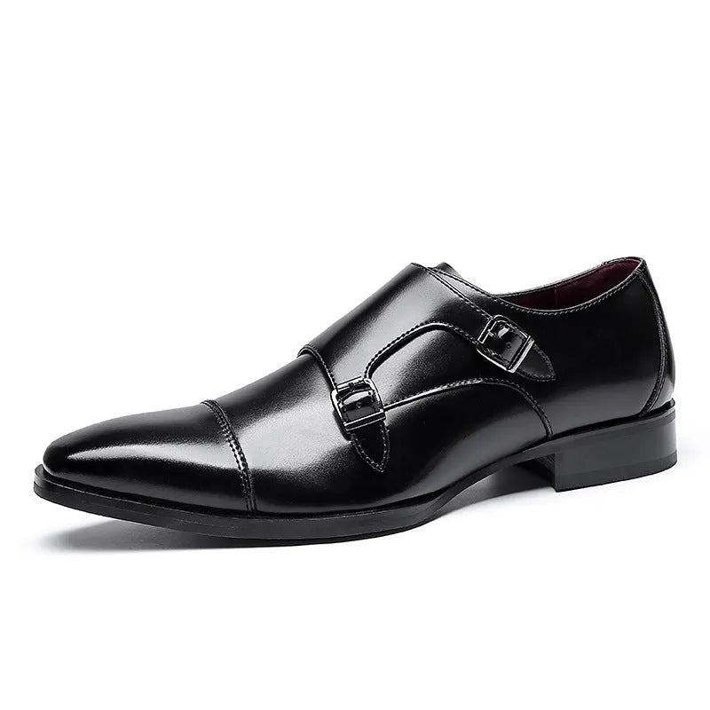 Men's black leather square toe business casual shoes with rubber sole
