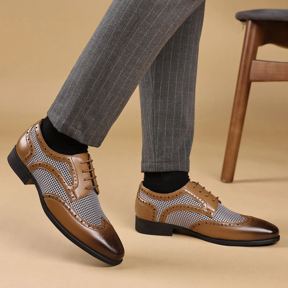 Men's casual leather shoes with black and white houndstooth pattern, square toe, and lace-up front.