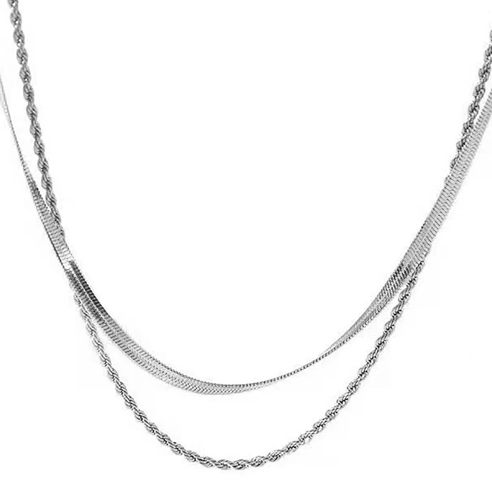 Close-up of a women's retro geometric line double-layer twist necklace with an adjustable stainless steel chain.