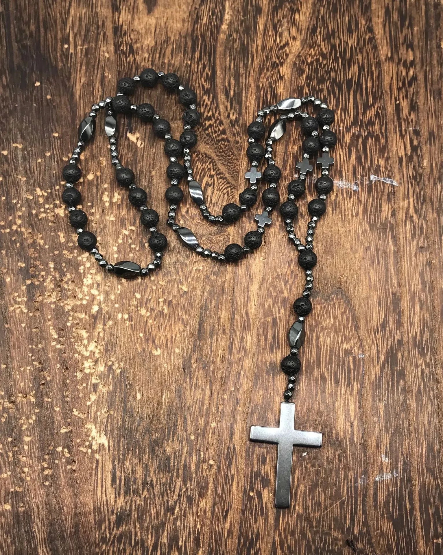 Men's stone cross pendant necklace on an 80cm ball bead chain