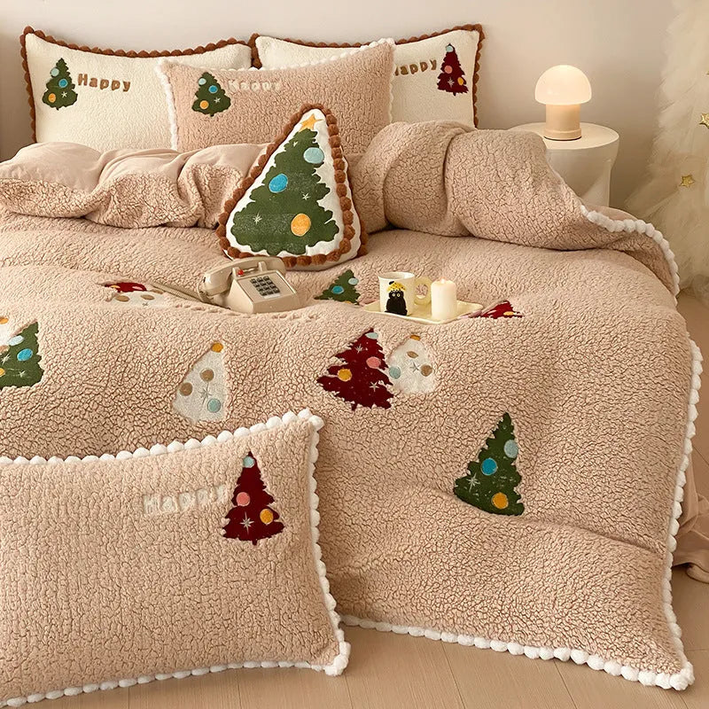 Bright yellow Christmas tree bedding four-piece set with embroidery detailing on milk fibre fabric