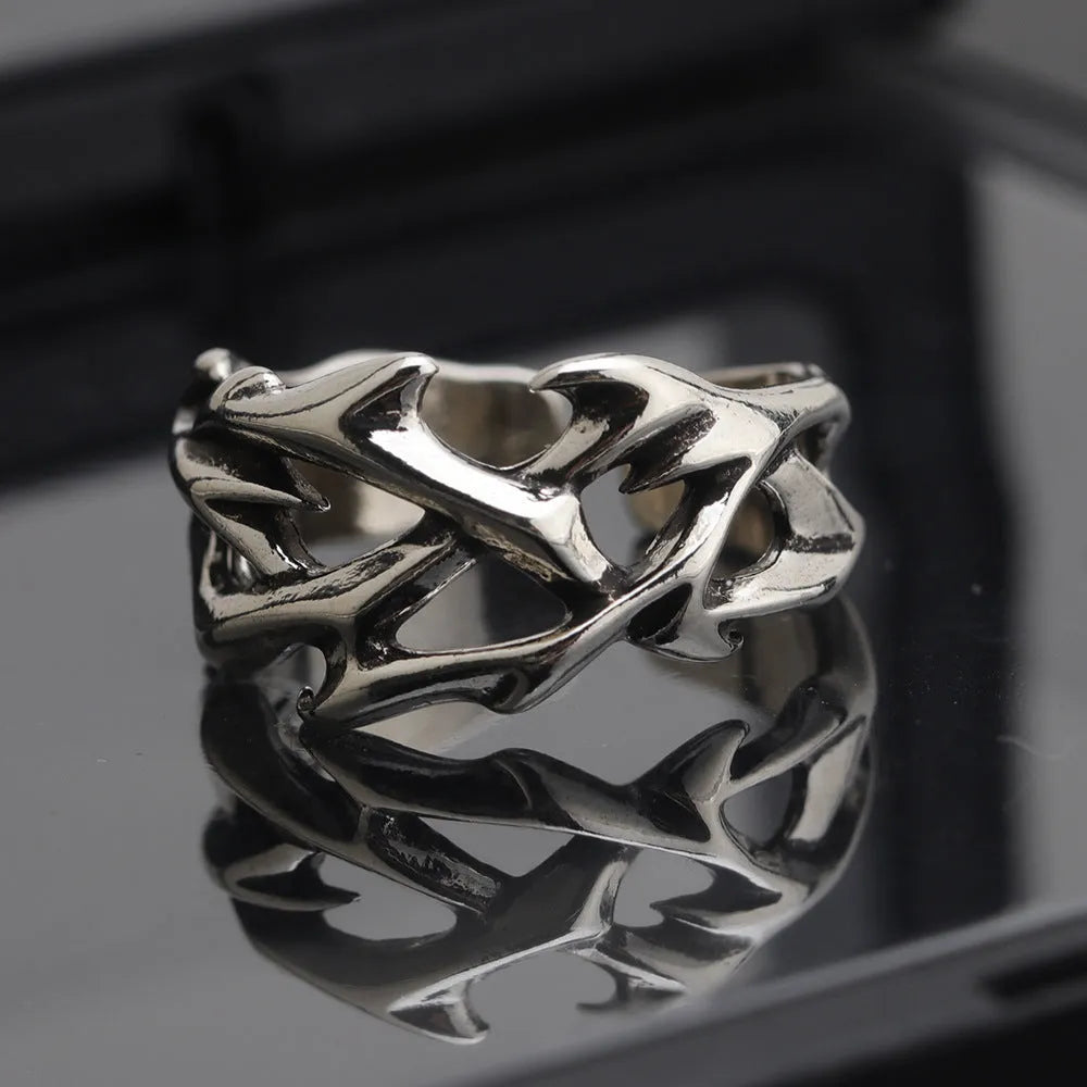 Copper geometric floral ring with thorn design and adjustable opening for men and women